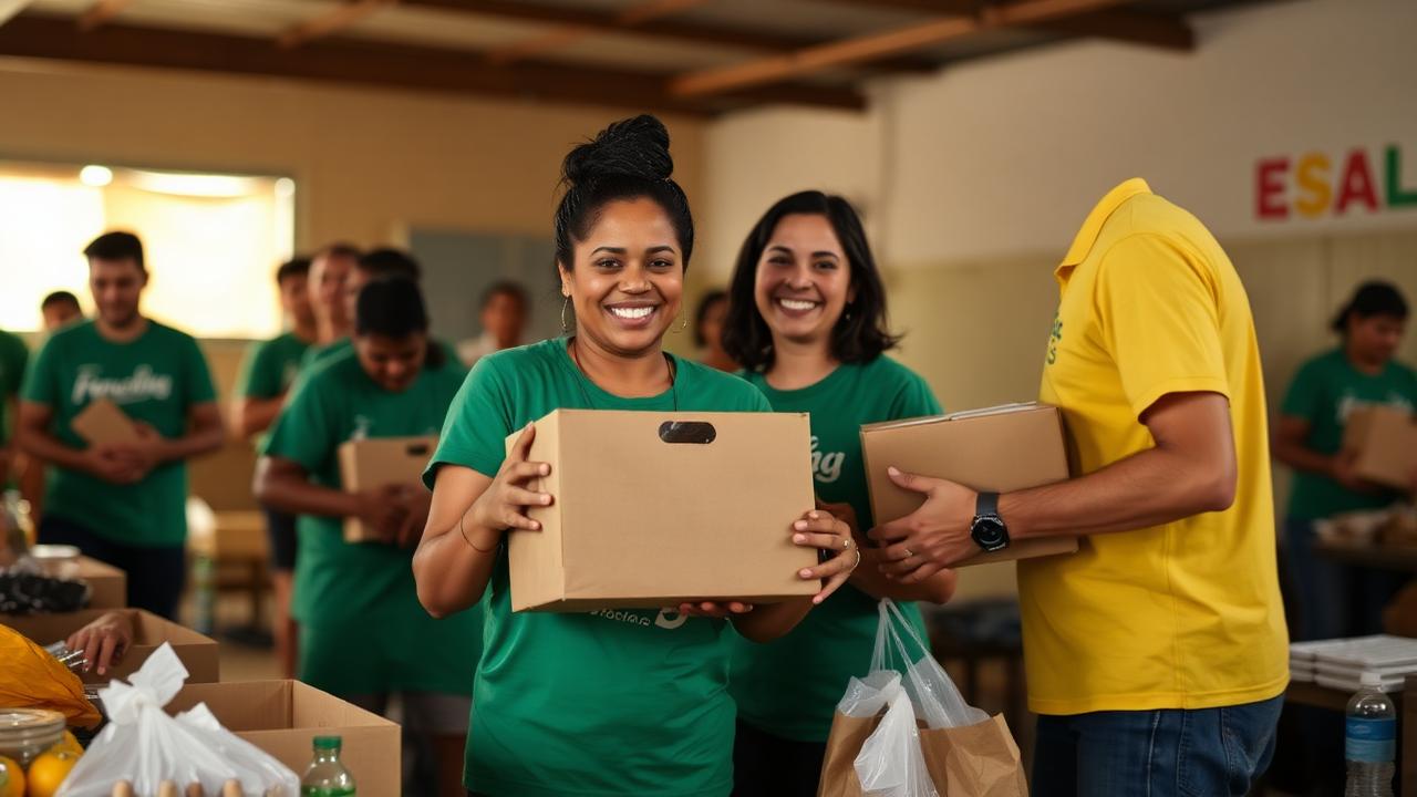 Voluntários entregando cestas básicas